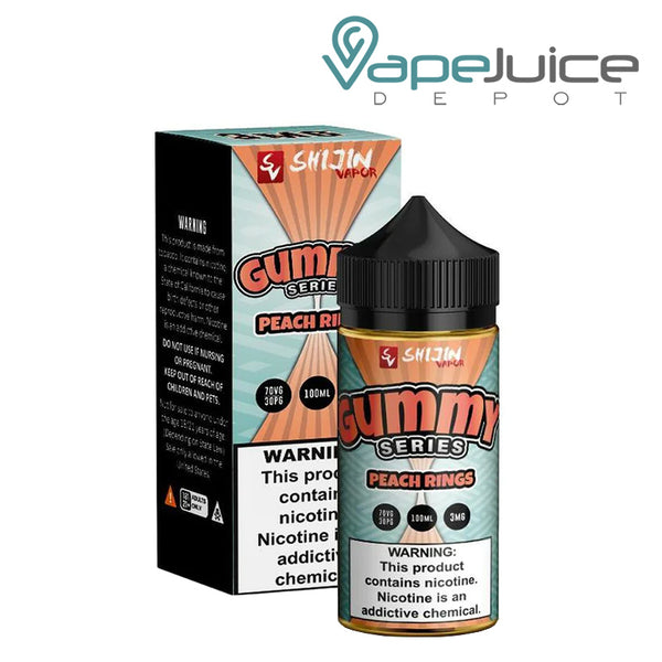 A box of Peach Rings Gummy Series Shijin Vapor with a warning sign and a 100ml bottle next to it - Vape Juice Depot