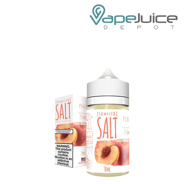 A box of Peach Skwezed Salt with a warning sign and a 30ml bottle next to it - Vape Juice Depot
