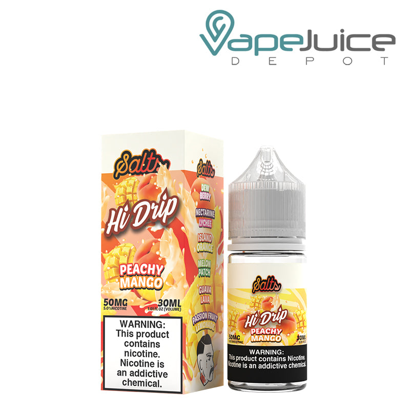 A box of 50mg Peachy Mango Hi-Drip Salts and a 30ml bottle with a warning sign next to it - Vape Juice Depot