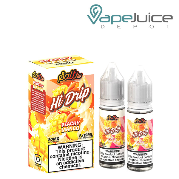 A box of Peachy Mango Hi-Drip Salts and two 15ml bottles with a warning sign next to it - Vape Juice Depot