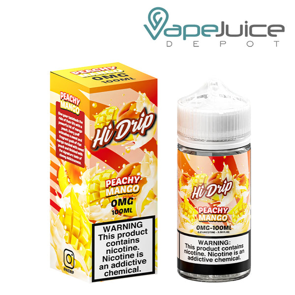 A box of Peachy Mango Hi-Drip eLiquid and a 100ml bottle with a warning sign next to it - Vape Juice Depot