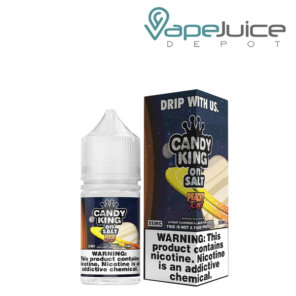 A 30ml bottle of Peachy Rings Candy King On Salt and a box with a warning sign next to it - Vape Juice Depot