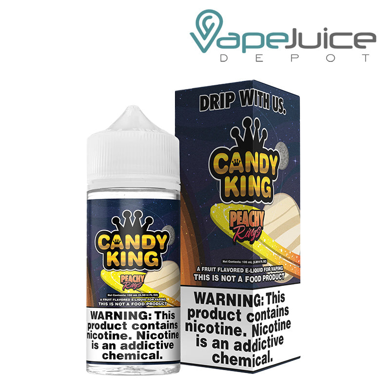 A 100ml bottle of Peachy Rings Candy King eLiquid and a box with a warning sign next to it - Vape Juice Depot