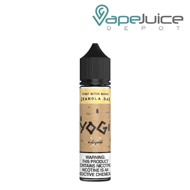 A bottle of Peanut Butter Banana Granola Bar YOGI 60ml with a warning sign - Vape Juice Depot