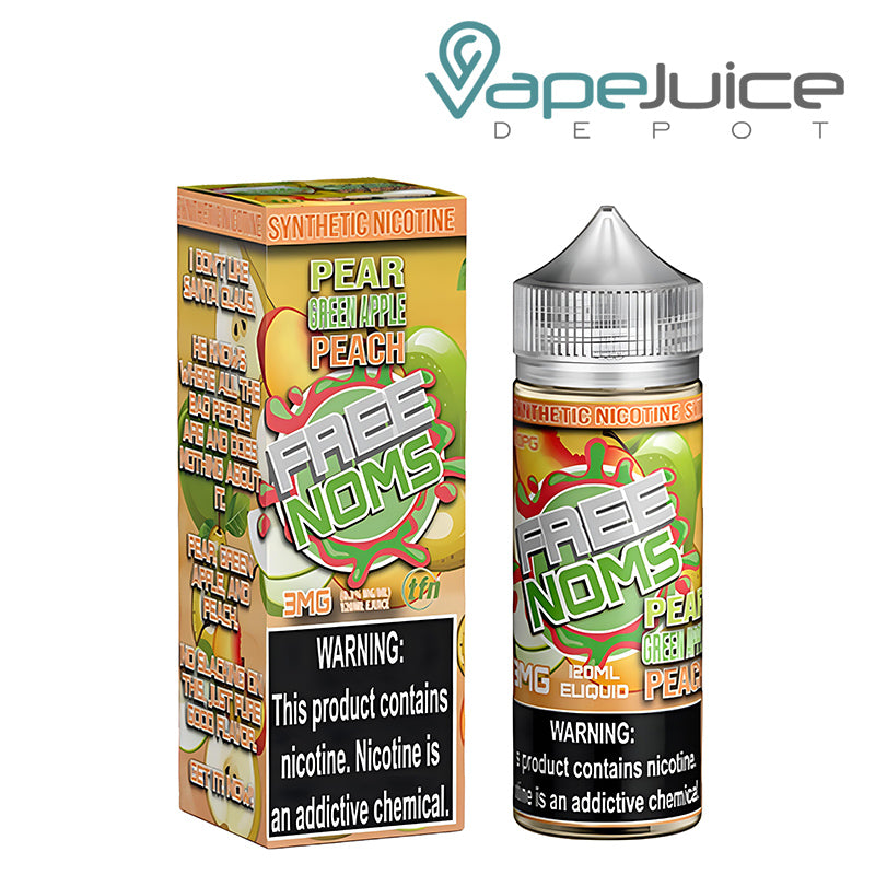 A Box of Pear Green Apple Peach FreeNoms TFN with a warning sign next to its 120ml bottle - Vape Juice Depot