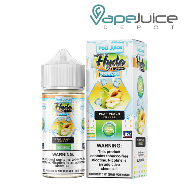 A 100ml bottle of Pear Peach Freeze Hyde Pod Juice TFN with a warning sign and a box with a warning sign next to it - Vape Juice Depot