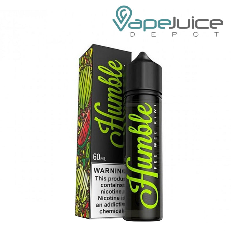 A box of Pee Wee Kiwi Humble eLiquid with a warning sign and a 60ml bottle net to it - Vape Juice Depot