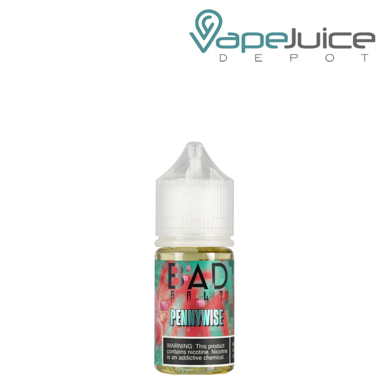 A 30ml bottle of Pennywise Bad Drip Salts with a warning sign - Vape Juice Depot