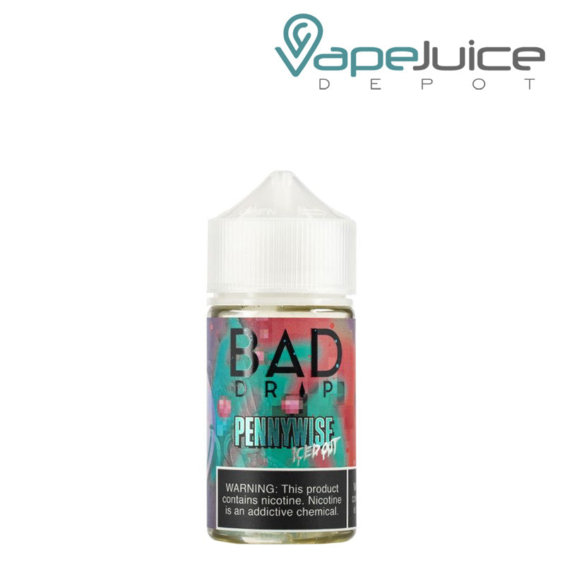 A 60ml bottle of Pennywise Iced Bad Drip eLiquid with a warning sign - Vape Juice Depot