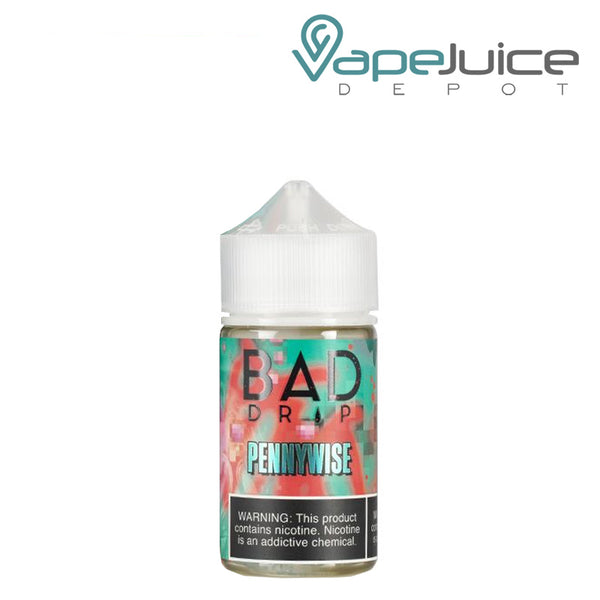 A 60ml bottle of Pennywise Bad Drip eLiquid with a warning sign - Vape Juice Depot