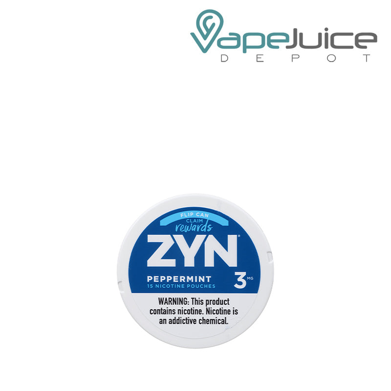 ZYN Peppermint Nicotine Pouches 3mg with a warning sign  - Vape Juice Depot