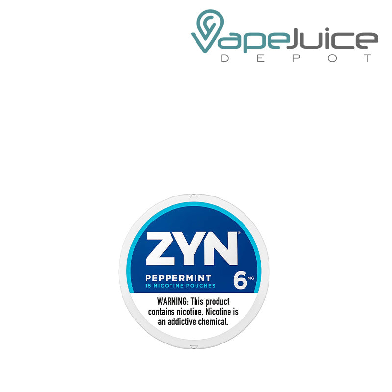 ZYN Peppermint Nicotine Pouches 6mg with a warning sign  - Vape Juice Depot