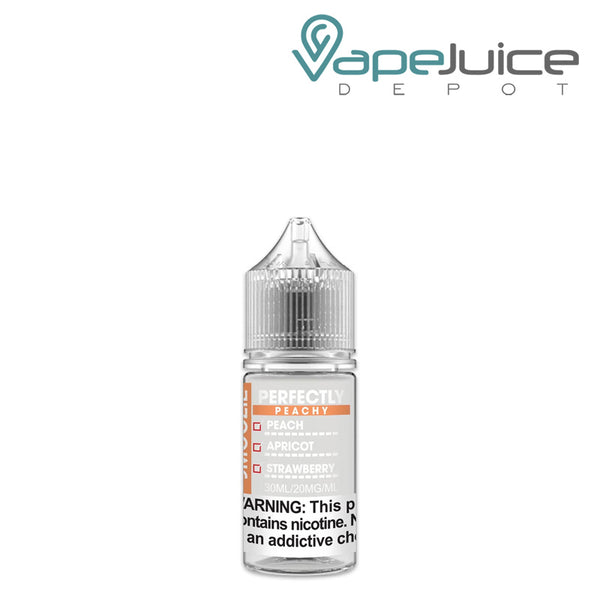 A 30ml bottle of Perfectly Peach Smoozie Salt with a warning sign - Vape Juice Depot