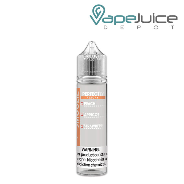 A 60ml bottle of Perfectly Peach Smoozie vape juice with a warning sign - Vape Juice Depot