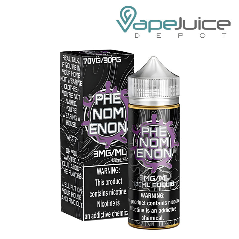 A Box of Phenomenon Nomenon eLiquid with a warning sign next to its 120ml bottle - Vape Juice Depot