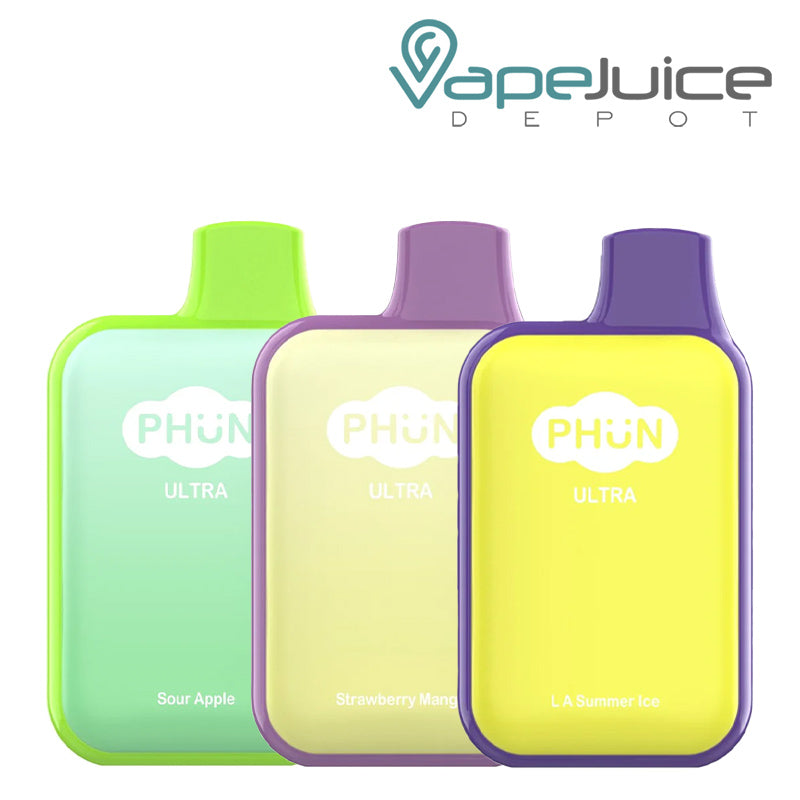 Three Flavors of Phun Ultra 6000 Disposable next to each other - Vape Juice Depot