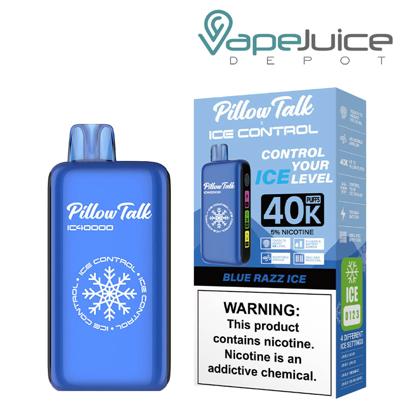 Blue Razz Ice Pillow Talk IC40000 Disposable next to its box with a warning sign - Vape Juice Depot