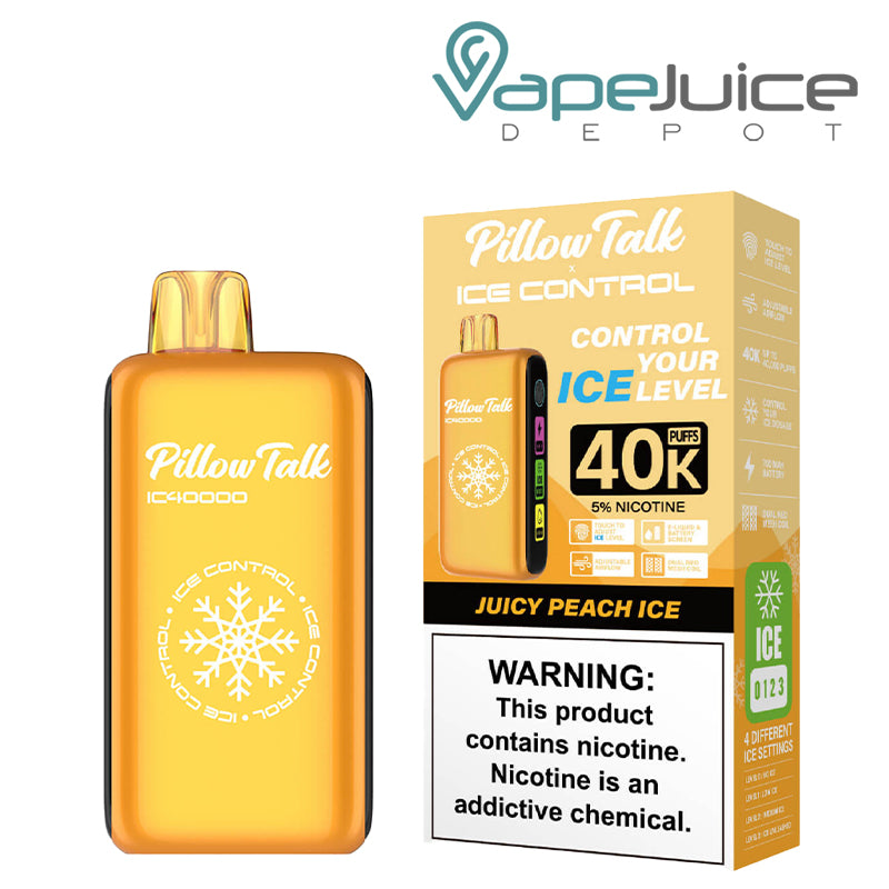 Juicey Peach Ice Pillow Talk IC40000 Disposable next to its box with a warning sign - Vape Juice Depot