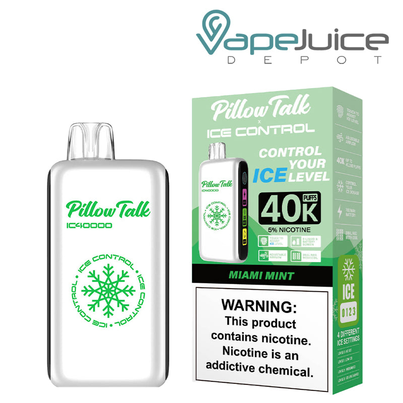 Miami Mint Pillow Talk IC40000 Disposable next to its box with a warning sign - Vape Juice Depot