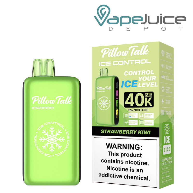 Strawberry Kiwi Pillow Talk IC40000 Disposable next to its box with a warning sign - Vape Juice Depot