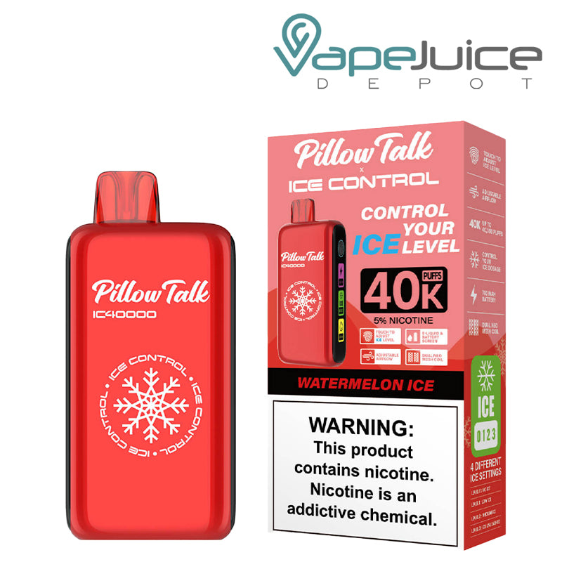 Watermelon Ice Pillow Talk IC40000 Disposable next to its box with a warning sign - Vape Juice Depot