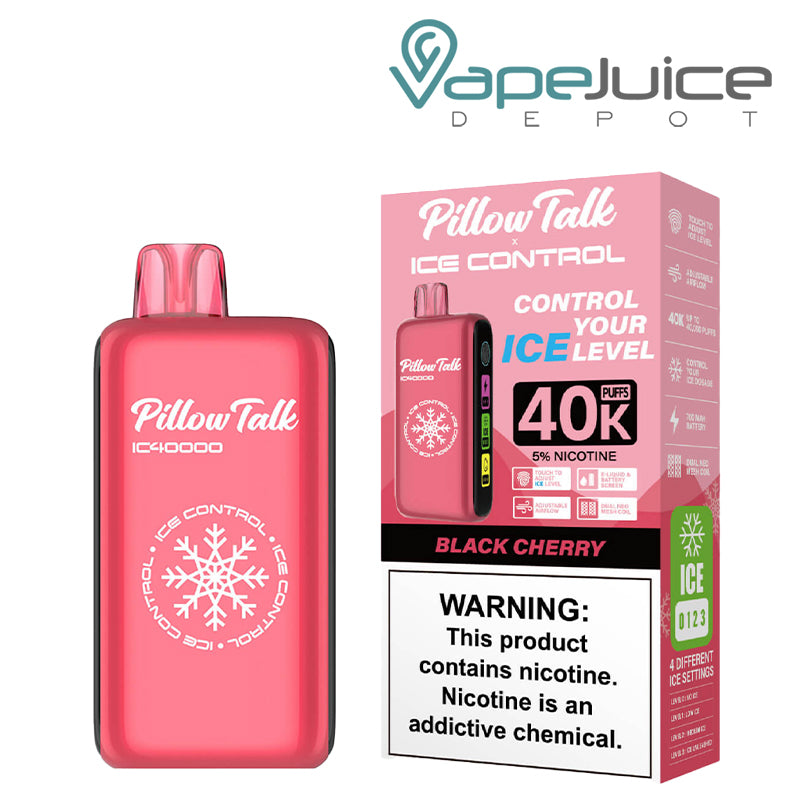 Black Cherry Pillow Talk IC40000 Disposable next to its box with a warning sign - Vape Juice Depot