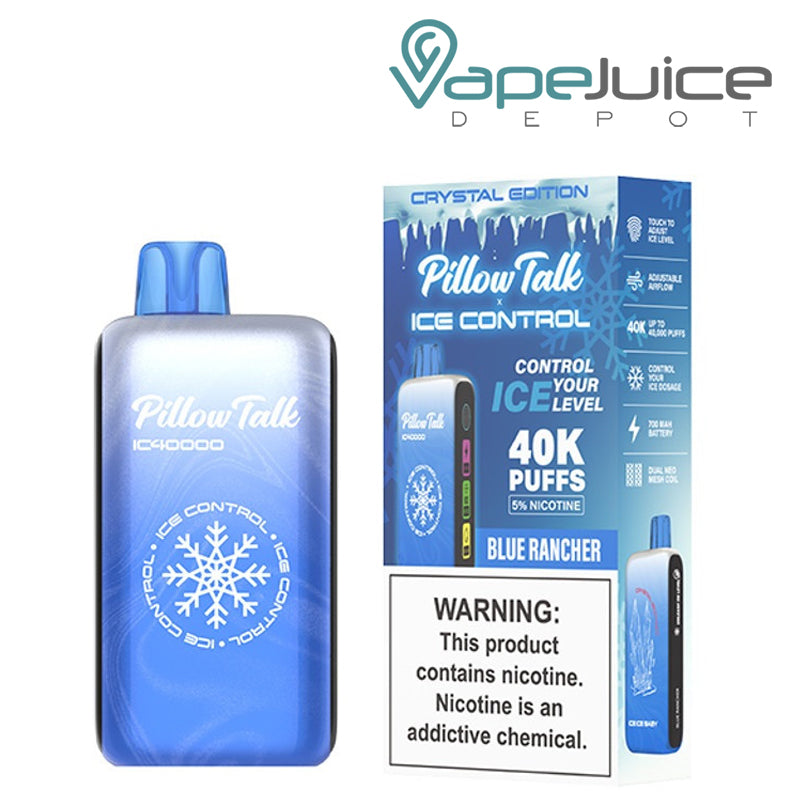 Blue Rancher Pillow Talk IC40000 Disposable next to its box with a warning sign - Vape Juice Depot