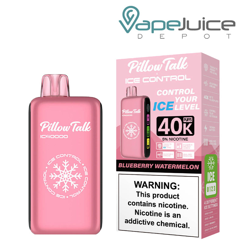 Blueberry Watermelon Pillow Talk IC40000 Disposable next to its box with a warning sign - Vape Juice Depot