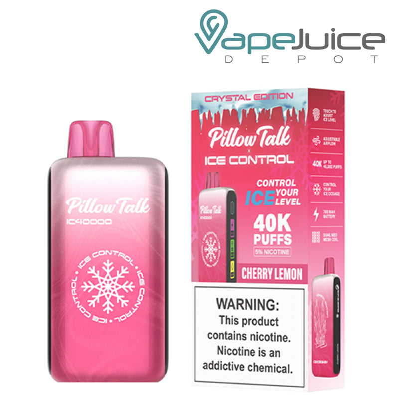 Cherry Lemon Pillow Talk IC40000 Disposable next to its box with a warning sign - Vape Juice Depot