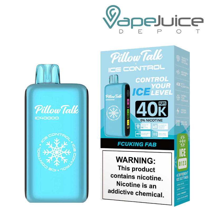 Fcuking Fab Pillow Talk IC40000 Disposable next to its box with a warning sign - Vape Juice Depot