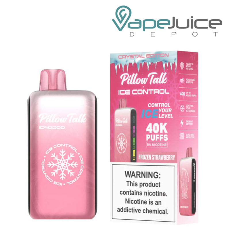 Frozen Strawberry Pillow Talk IC40000 Disposable next to its box with a warning sign - Vape Juice Depot