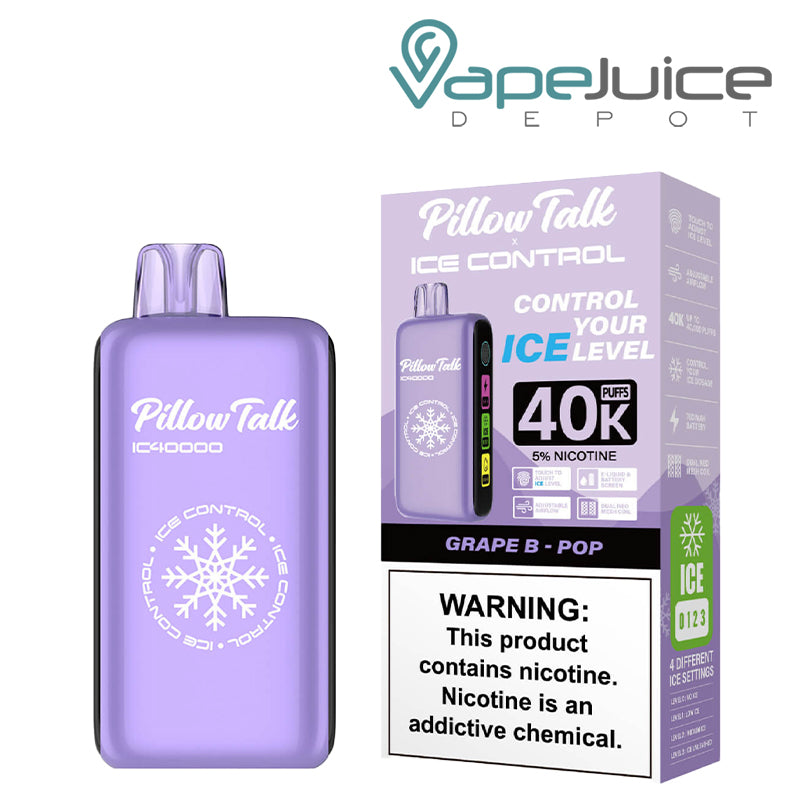 Grape B Pop Pillow Talk IC40000 Disposable next to its box with a warning sign - Vape Juice Depot