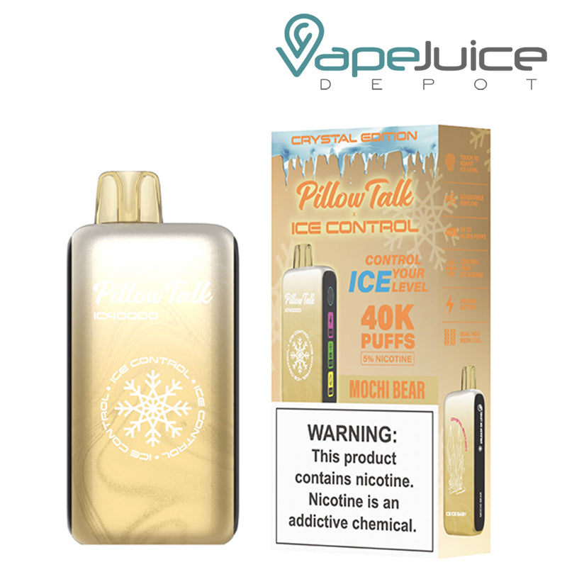 Mochi Bar Pillow Talk IC40000 Disposable next to its box with a warning sign - Vape Juice Depot