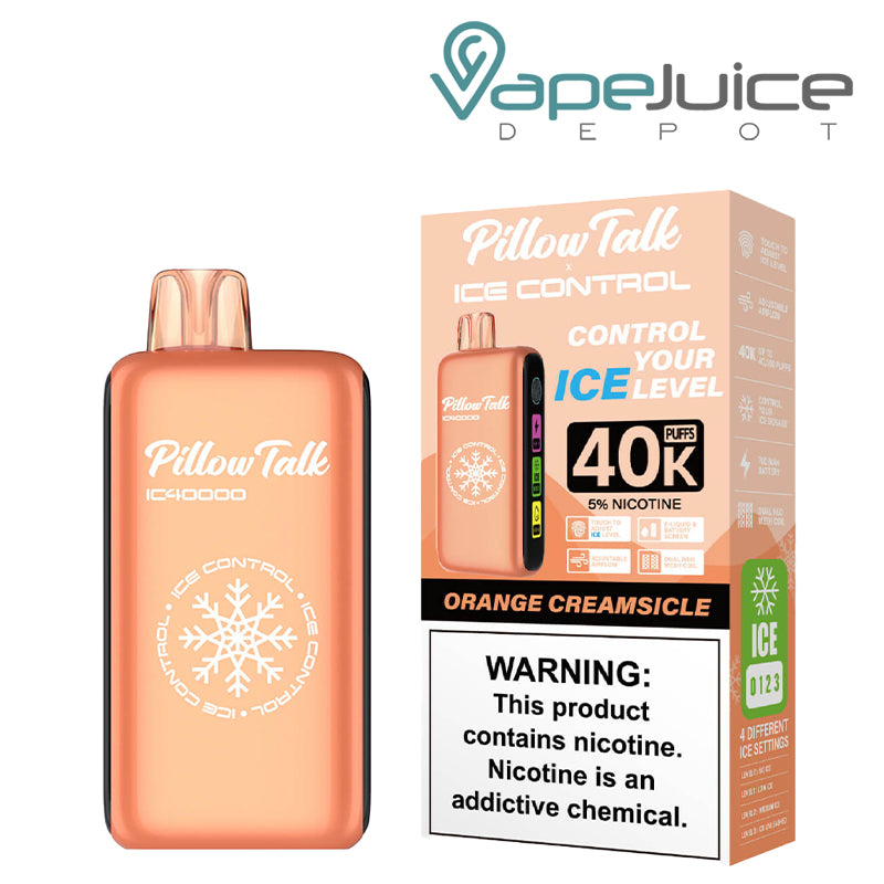 Orange Creamsicle Pillow Talk IC40000 Disposable next to its box with a warning sign - Vape Juice Depot