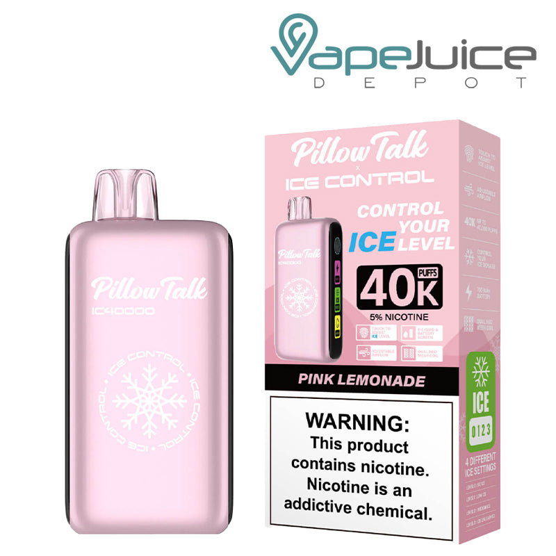 Pink Lemonade Pillow Talk IC40000 Disposable next to its box with a warning sign - Vape Juice Depot