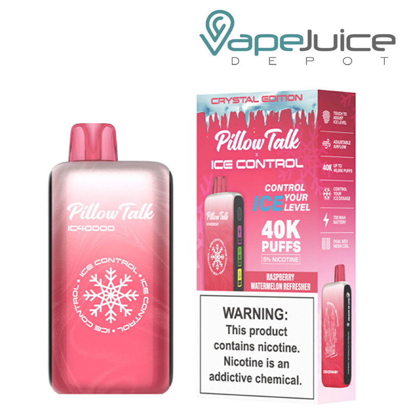 Raspberry Watermelon Refresher Pillow Talk IC40000 Disposable next to its box with a warning sign - Vape Juice Depot