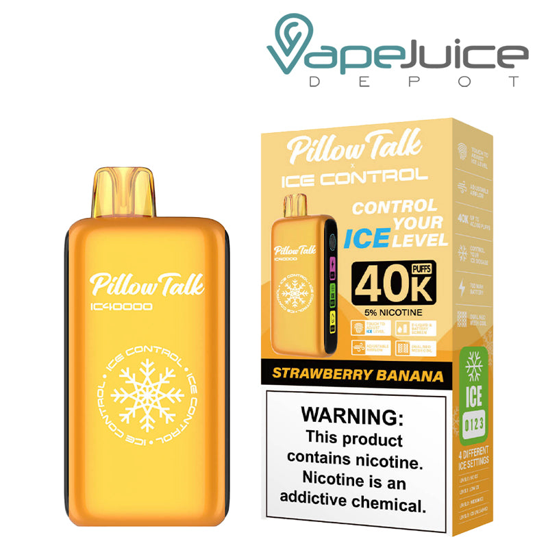 Strawberry Banana Pillow Talk IC40000 Disposable next to its box with a warning sign - Vape Juice Depot