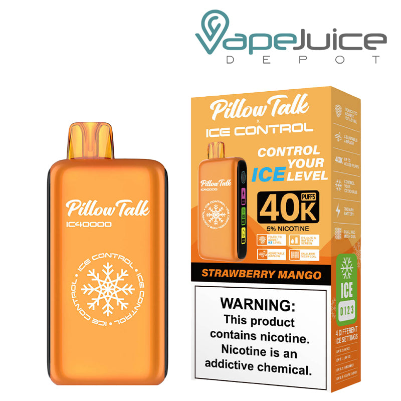 Strawberry Mango Pillow Talk IC40000 Disposable next to its box with a warning sign - Vape Juice Depot