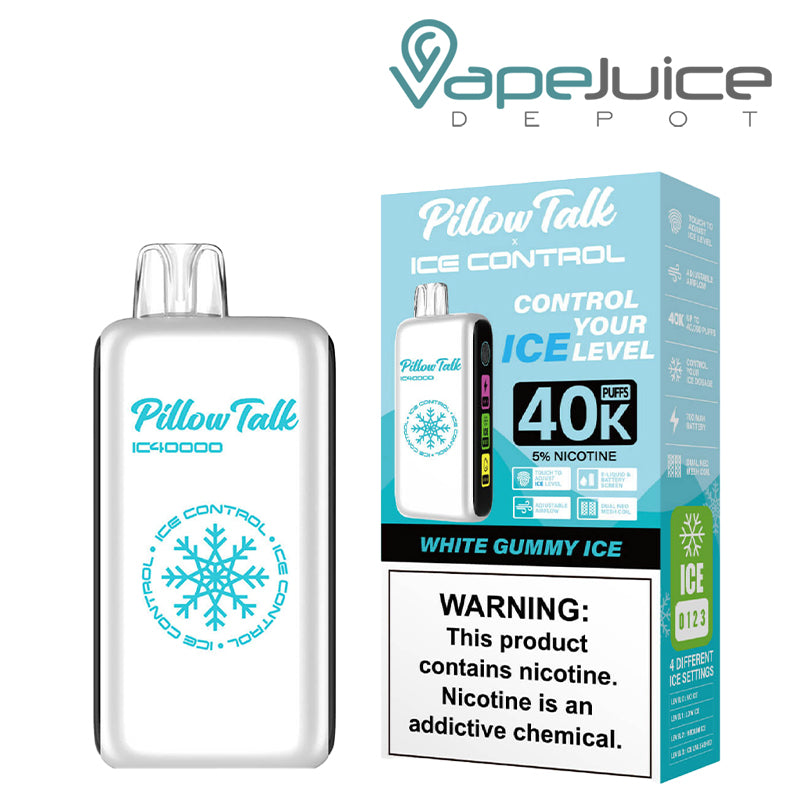 White Gummy Ice Pillow Talk IC40000 Disposable next to its box with a warning sign - Vape Juice Depot