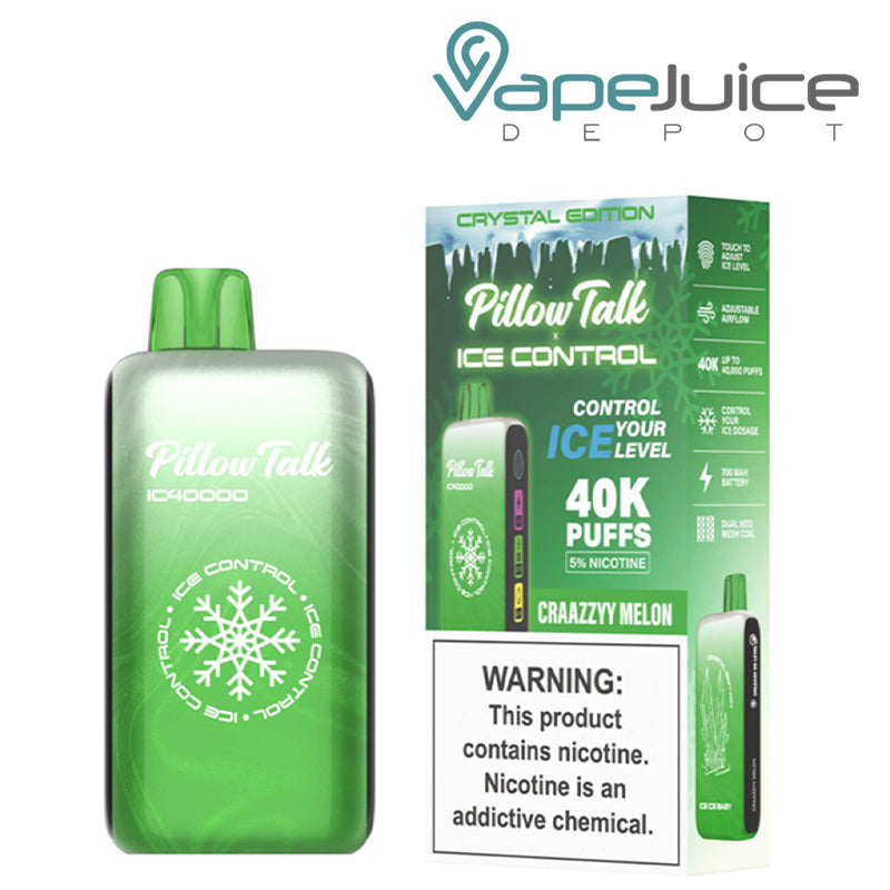 Craazzyy Melon Pillow Talk IC40000 Disposable next to its box with a warning sign - Vape Juice Depot