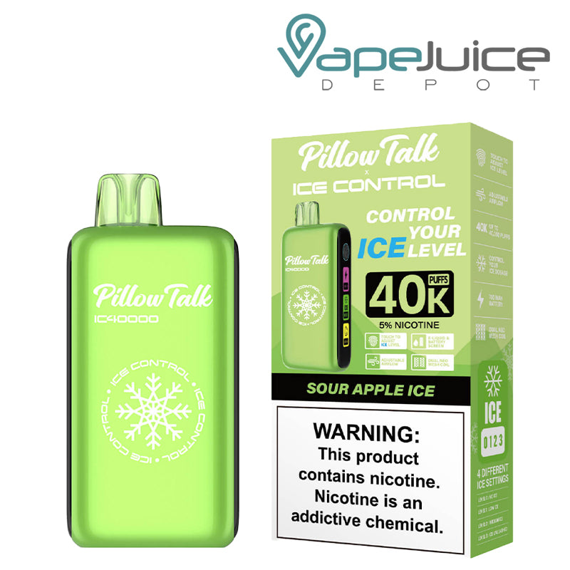 Sour Apple Ice Pillow Talk IC40000 Disposable next to its box with a warning sign - Vape Juice Depot