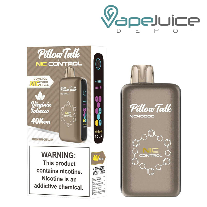 A Box of Pillow Talk Nic Control NC40000 Virginia Tobacco Disposable with a warning sign and a disposable next to it - Vape Juice Depot