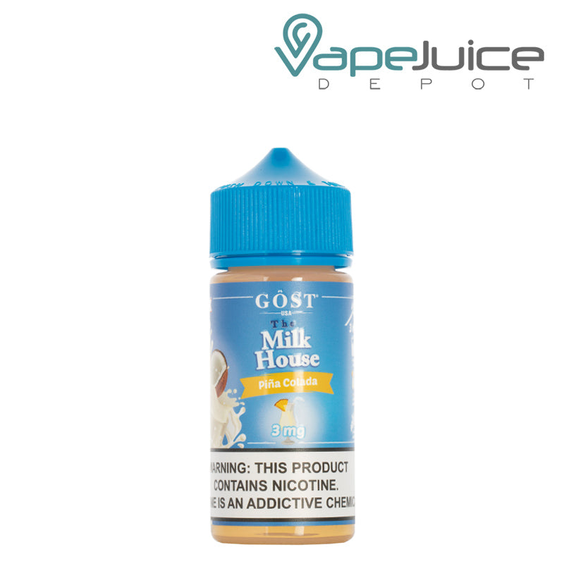 A 100ml bottle of Pina Colada The Milk House with a warning sign - Vape Juice Depot