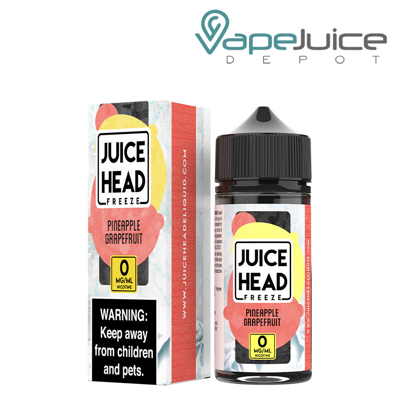 A Box of 0mg Pineapple Grapefruit Juice Head Freeze with a warning sign and a 100ml bottle next to it  - Vape Juice Depot