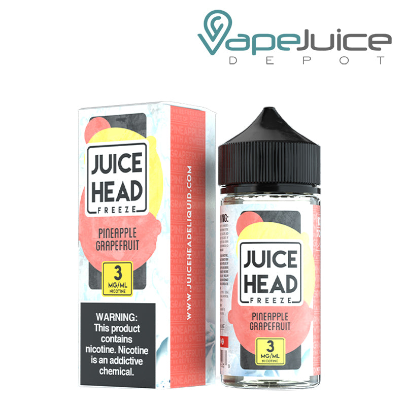 A Box of 3mg Pineapple Grapefruit Juice Head Freeze with a warning sign and a 100ml bottle next to it  - Vape Juice Depot