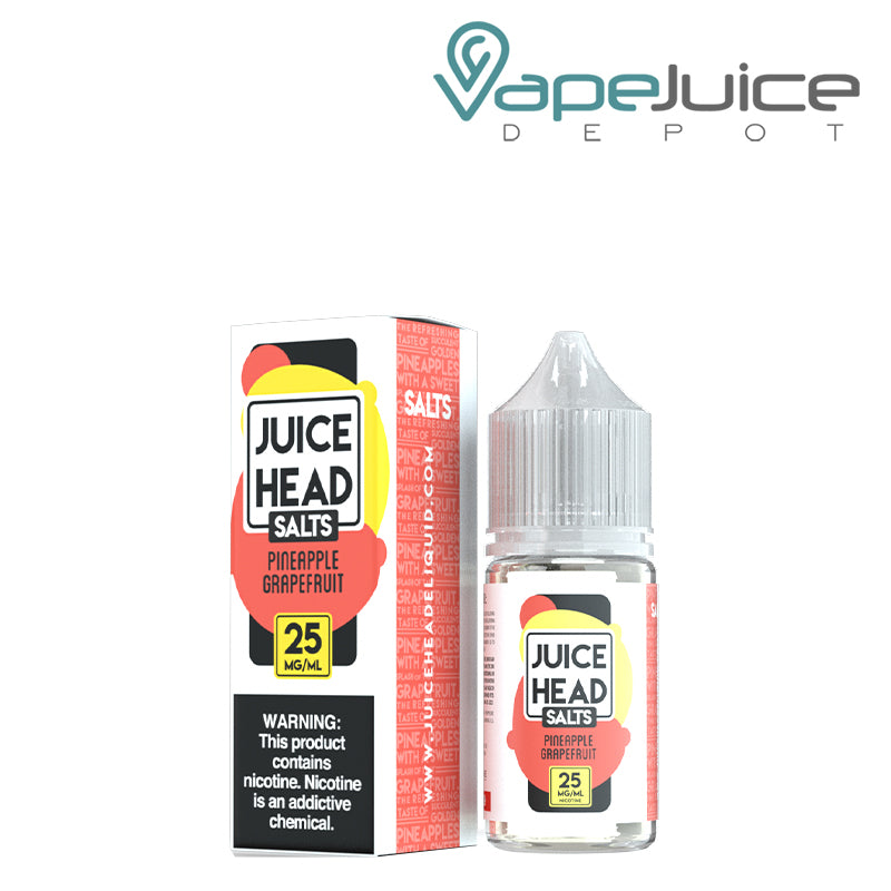 A box of 25mg Pineapple Grapefruit Salts Juice Head with a warning sign and a 30ml bottle next to it - Vape Juice Depot