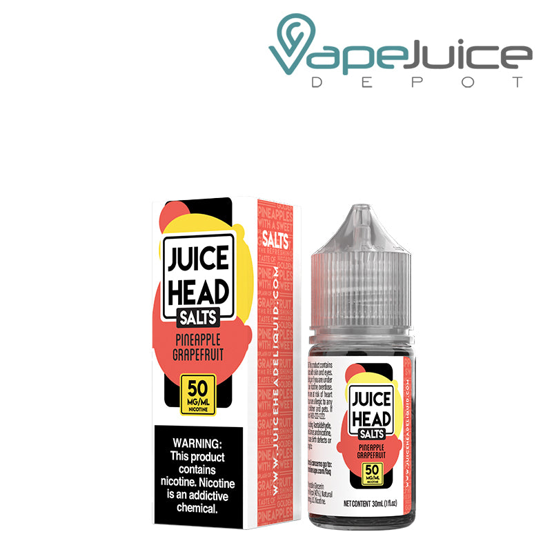 A box of 50mg Pineapple Grapefruit Salts Juice Head with a warning sign and a 30ml bottle next to it - Vape Juice Depot