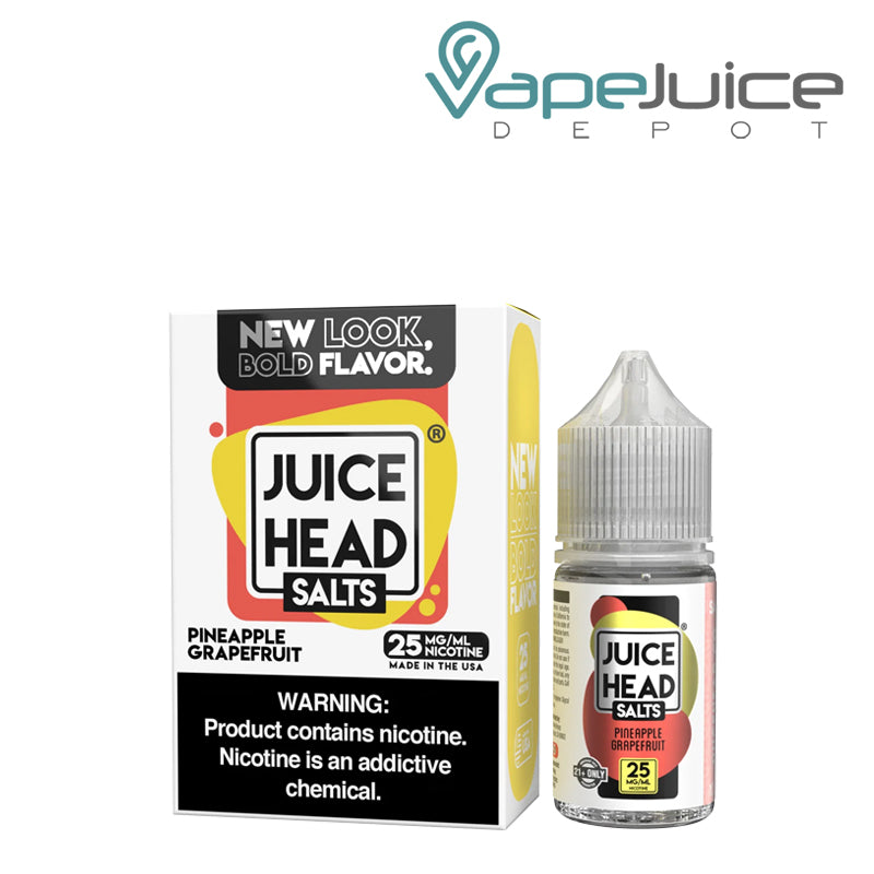 A Box of Pineapple Grapefruit Salts Juice Head with a warning sign and a 30ml bottle next to it - Vape Juice Depot