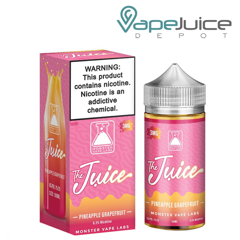 A box of Pineapple Grapefruit The Juice Monster with a warning sign and a 100ml bottle next to it - Vape Juice Depot