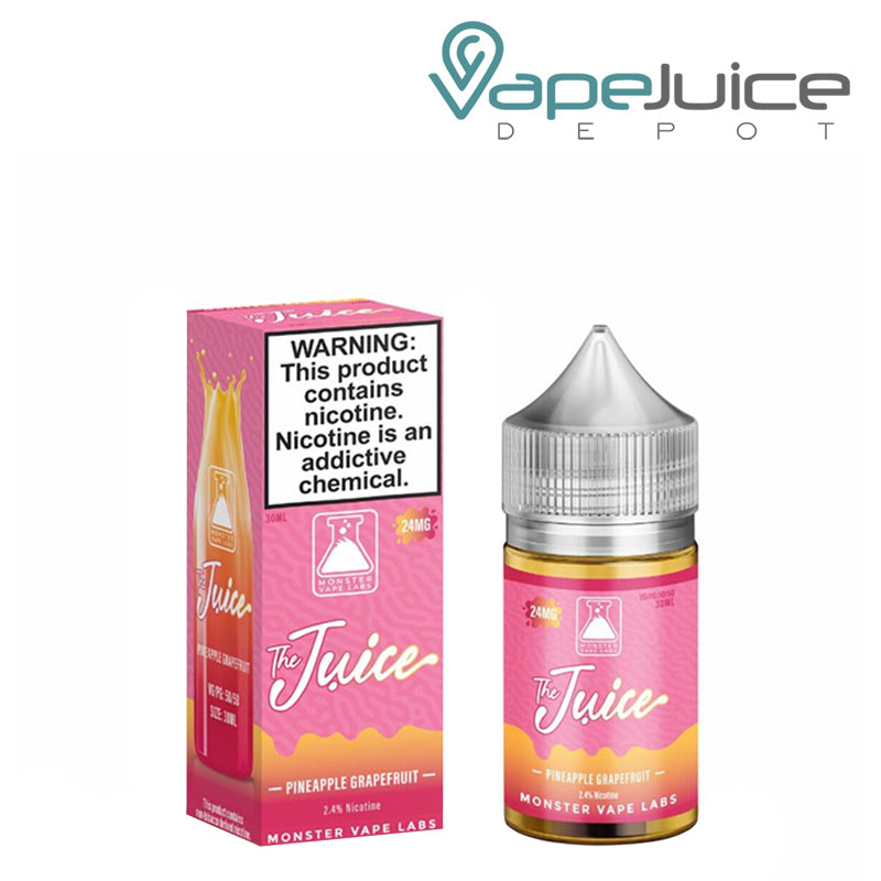 A box of Pineapple Grapefruit The Juice Monster Salts with a warning sign and a 30ml bottle next to it - Vape Juice Depot